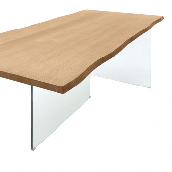 Tavolo rettangolare con gambe in vetro e piano in rovere naturale