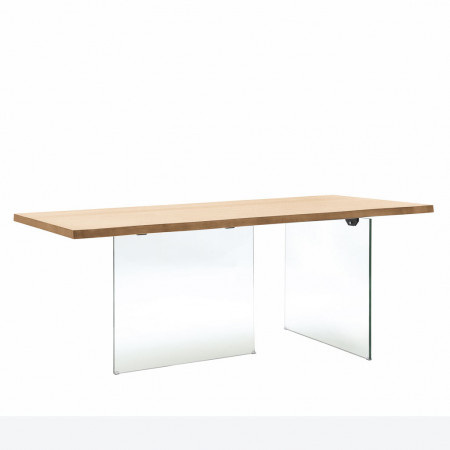 Tavolo rettangolare con gambe in vetro e piano rovere