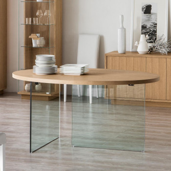 Tavolo ovale gambe in cristallo, piano legno rovere