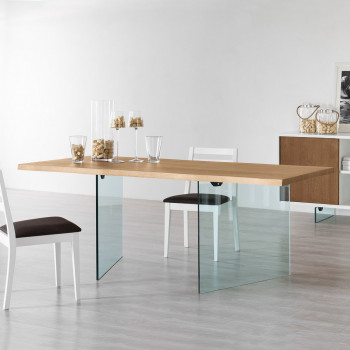 Tavolo rettangolare in cristallo con piano in rovere