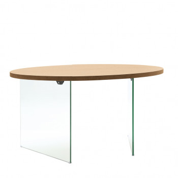 Tavolo rotondo in cristallo e rovere, dettaglio gambe in vetro