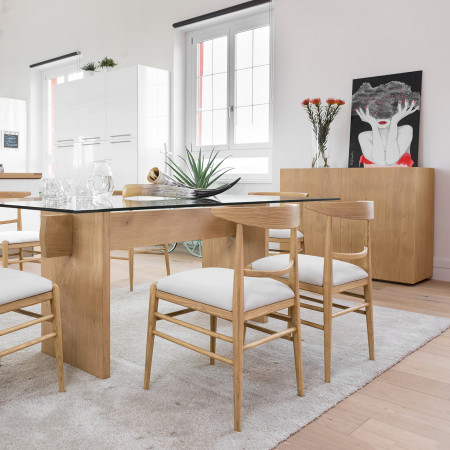 Madia in rovere con piano in vetro bianco e ante battenti