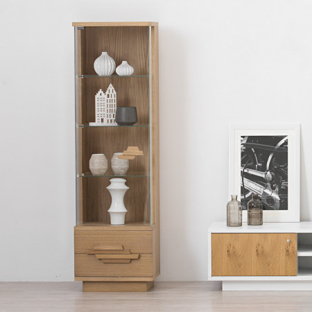 Vetrina in rovere con 2 cassetti, porta vetro sinistra