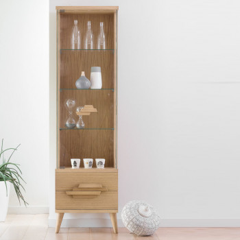 Vetrina in rovere con 2 cassetti e ripiani in vetro