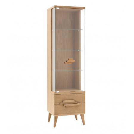 Vetrina in rovere con 2 cassetti, porta sinistra, ripiani vetro