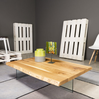 Tavolino con gambe in vetro e piano rovere naturale