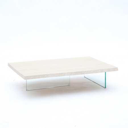 Tavolino con gambe in vetro, piano in legno di rovere