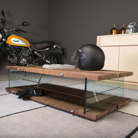 Tavolino con gambe in vetro, piano in rovere, stile loft