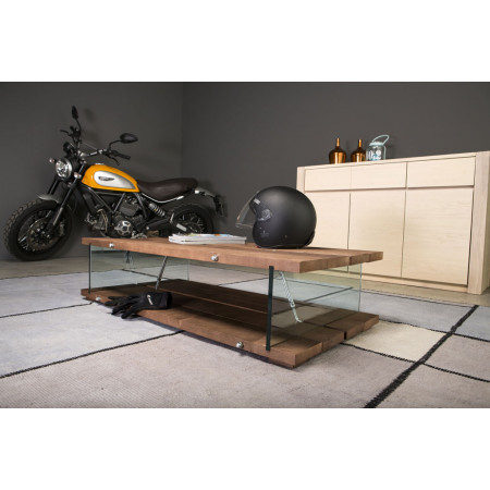 Tavolino con gambe in vetro e piano in rovere, dettaglio con moto