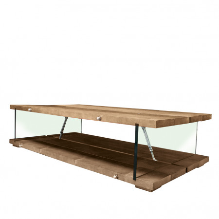 Tavolino con gambe in vetro e piano in legno rovere