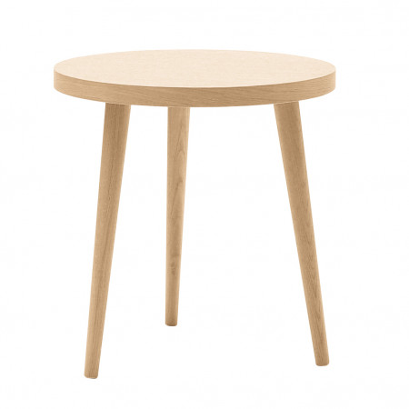 Tavolino rotondo rovere con gambe tornite a spillo, dettaglio piano
