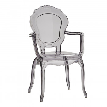 Sedia classica in polipropilene trasparente fumè con braccioli, dettaglio schienale