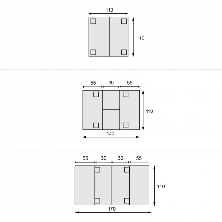 Tavolo quadrato allungabile da 110x110 a 170x110, dettaglio delle misure