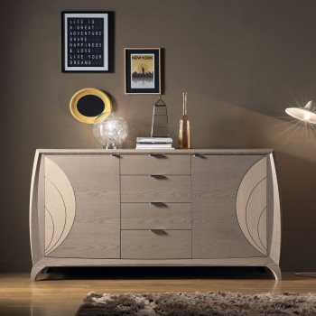 Credenza 2 ante incisioni, 4 cassetti, legno frassino