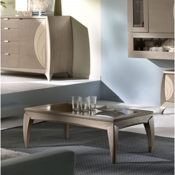 Tavolino rettangolare con piano in vetro e gambe arcuate in legno di frassino