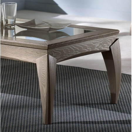 Tavolino rettangolare con piano in vetro e dettagli legno