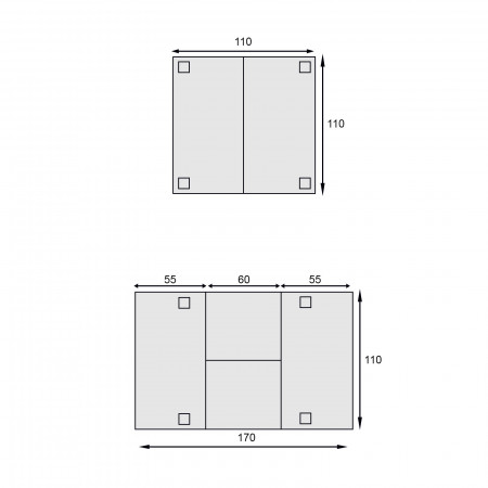 Schema dimensioni tavolo quadrato allungabile 110x110-170x110