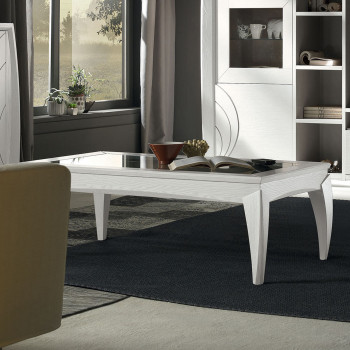 Tavolino rettangolare con piano in vetro, dettaglio gambe in frassino