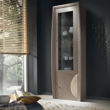 Vetrina componibile a 1 anta destra con incisioni su legno di frassino