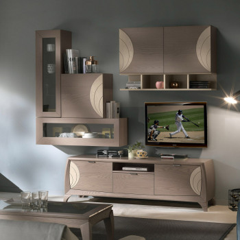 Composizione con 5 ante e 3 cassetti in legno di frassino con incisioni arrotondate