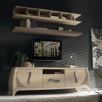 Composizione con mensole, 3 cassetti traforati in legno