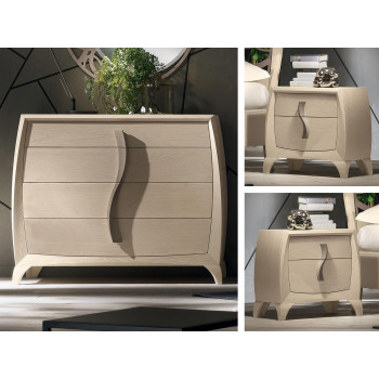 Comò e comodini con maniglione in legno di frassino, dettaglio fianco sagomato