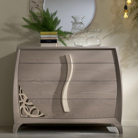 Comò e comodini con traforo in legno di frassino, design sinuoso