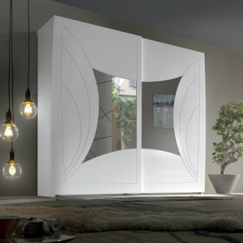 Armadio 2 ante scorrevoli con incisioni e specchi, dettagli