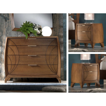 Comò e comodini in frassino con incisioni, dettaglio fianco sagomato