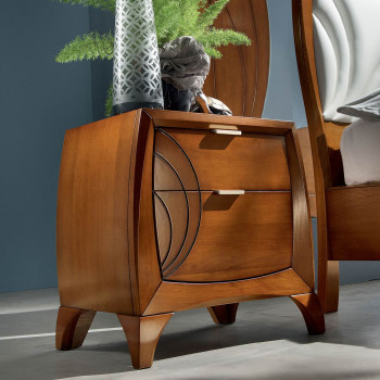 Comodino 2 cassetti incisioni legno noce tanganika