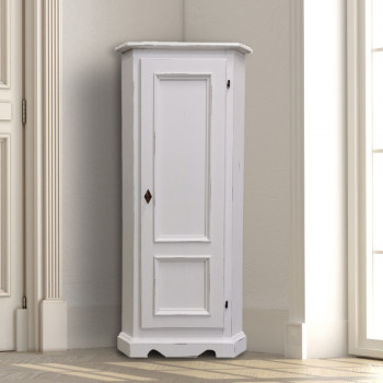 Angoliera shabby chic in legno bianco con zoccolino