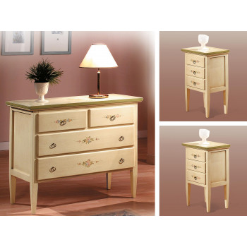 Gruppo notte laccato con comò e comodini decorati a mano