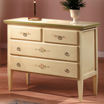 Comò laccato e decorato con mazzo di fiori rosa