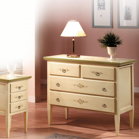 Comodino laccato anticato con decori, vista frontale