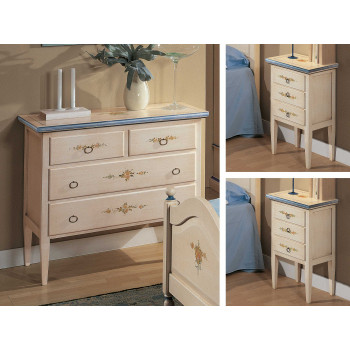 Gruppo notte con decoro a mano, dettaglio comò e comodino