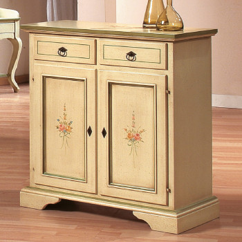 Credenzina laccata con decorazioni floreali su ante