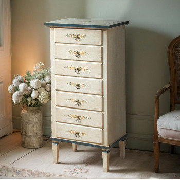 Cassettiera laccata con decori floreali e piedi ad obelisco