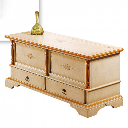 Cassapanca tradizionale laccata con decori floreali e colonnine tornite