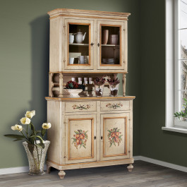 Credenza classica con alzata laccata, piede tornito Credenza classica con alzata laccata e decori floreali