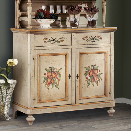Credenza classica con alzata laccata, decorazioni floreali vivaci