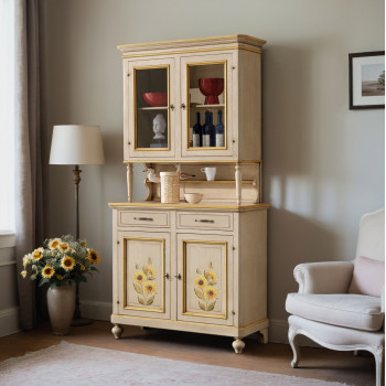 Credenza 2 ante con vetrine e decori girasole, dettaglio intaglio