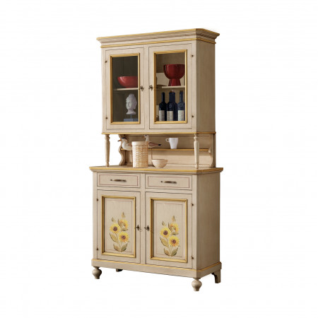 Credenza 2 ante con vetrine, decori girasole e legno massello