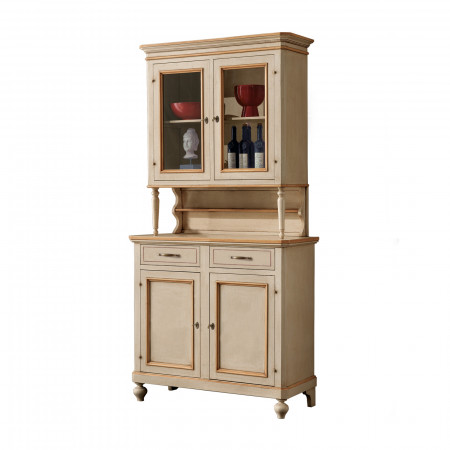 Credenza 2 ante con vetrina, piedi torniti e profili colorati