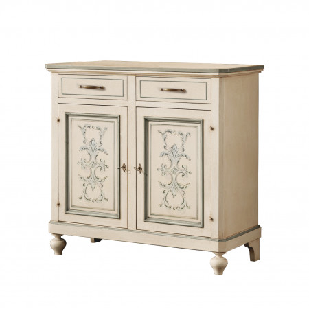 Credenzina 2 ante con decorazione shabby chic e piedi torniti