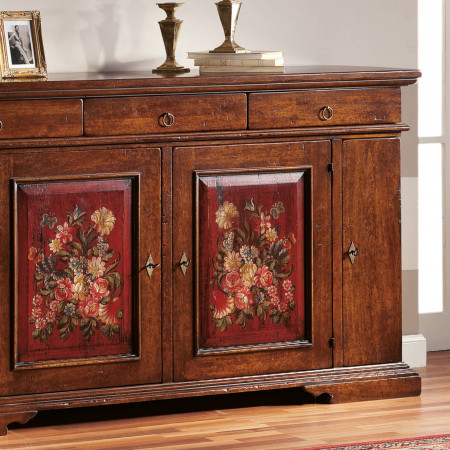 Credenza 4 ante con decori floreali su legno