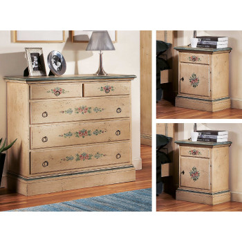 Gruppo notte decorato, comò laccato avorio e floreale