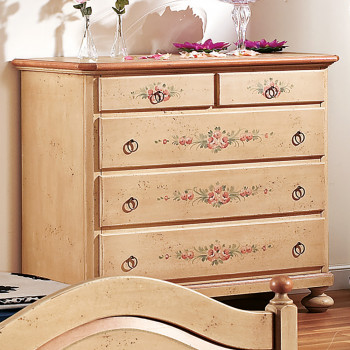 Comò 5 cassetti laccato con decori floreali dettagliati