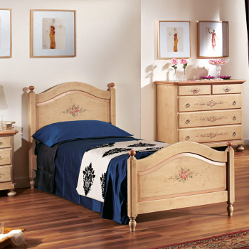 Letto singolo in legno laccato con decori floreali
