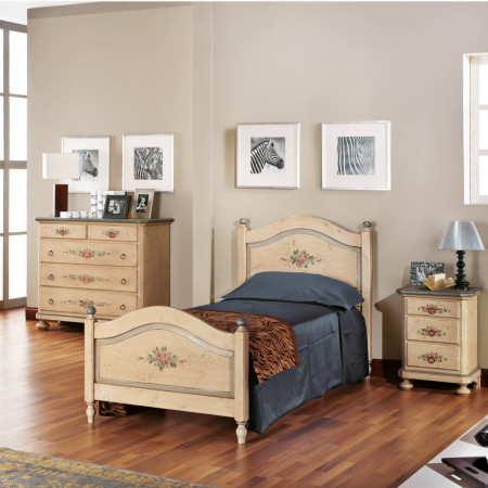 Letto singolo laccato, decorazioni classiche, piedi torniti