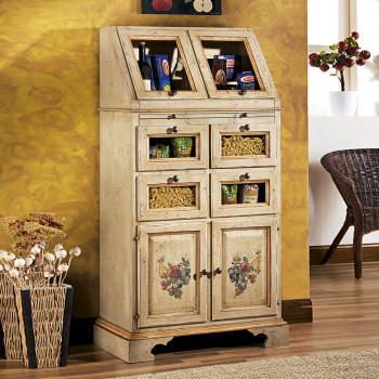 Dispensa laccata con decori fruttati e ante a ribalta